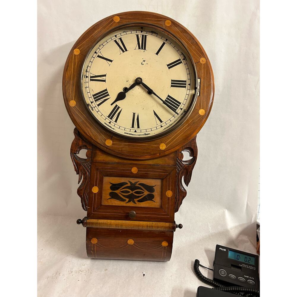 19thC Antique Victorian Marquetry Inlay New Haven Wall Clock works!